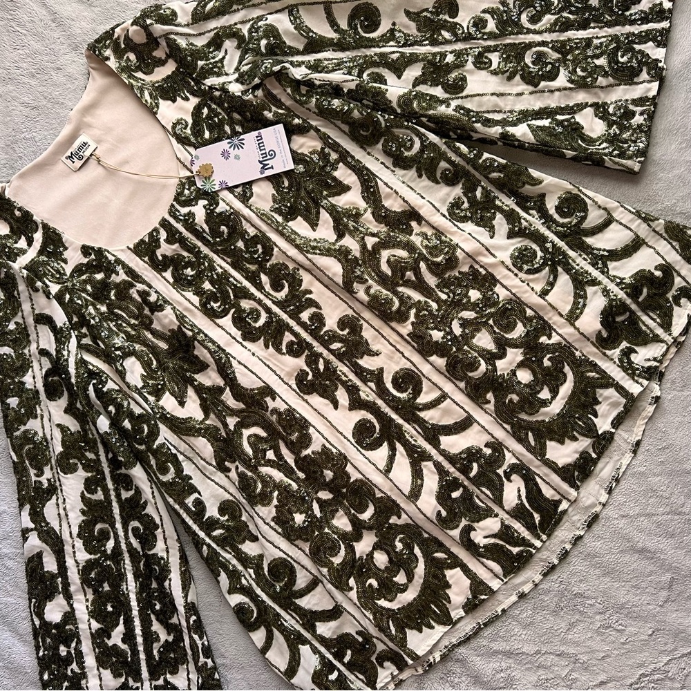 NWT Show Me Your Mumu Drew Sequin Filagree Scoop Neck Tunic Dress Cream Green